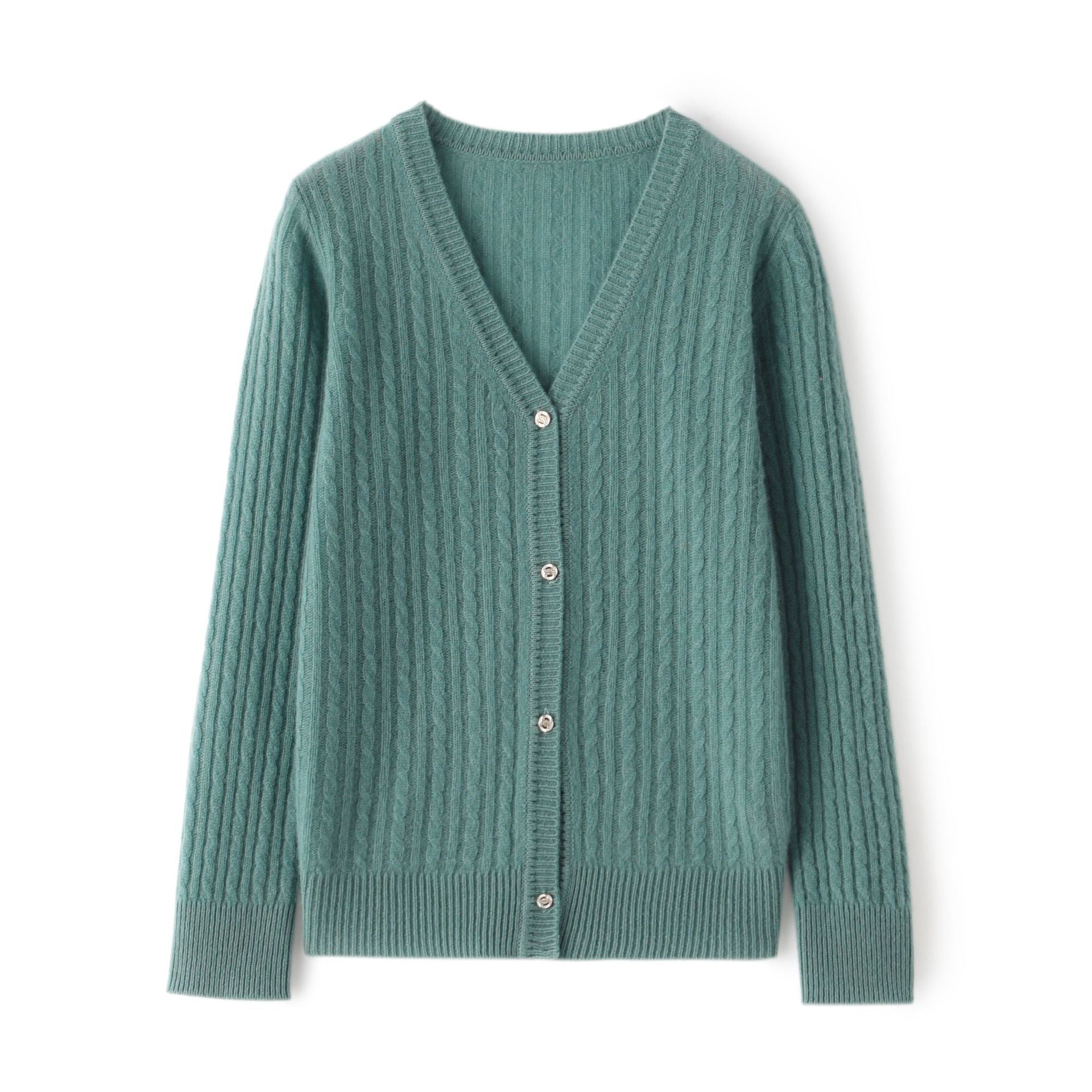 Womens Ribbed V - Neck Cashmere Cardigan Long Sleeves Cashmere Coat Green XS