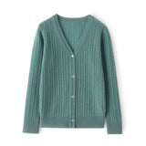 Womens Ribbed V - Neck Cashmere Cardigan Long Sleeves Cashmere Coat Green XS