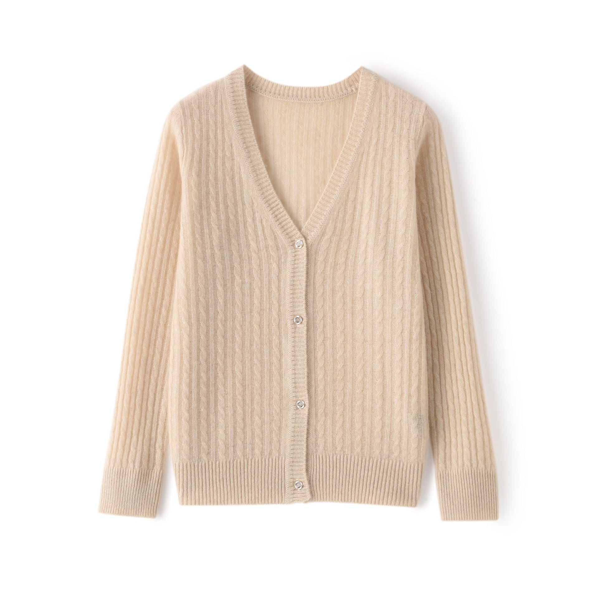 Womens Ribbed V - Neck Cashmere Cardigan Long Sleeves Cashmere Coat Beige XS