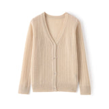 Womens Ribbed V - Neck Cashmere Cardigan Long Sleeves Cashmere Coat Beige XS