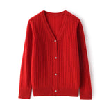 Womens Ribbed V - Neck Cashmere Cardigan Long Sleeves Cashmere Coat Red XS