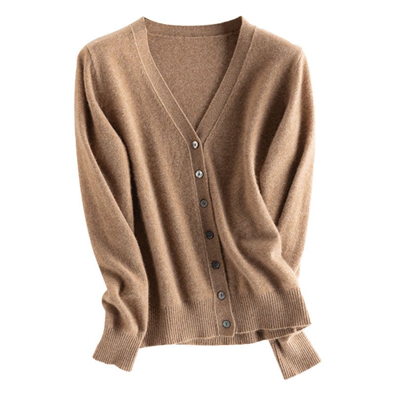 Womens V - Neck Button - Up Pure Cashmere Cardigan Knitted Cashmere Coat Taupe XS