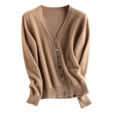 Womens V - Neck Button - Up Pure Cashmere Cardigan Knitted Cashmere Coat Taupe XS