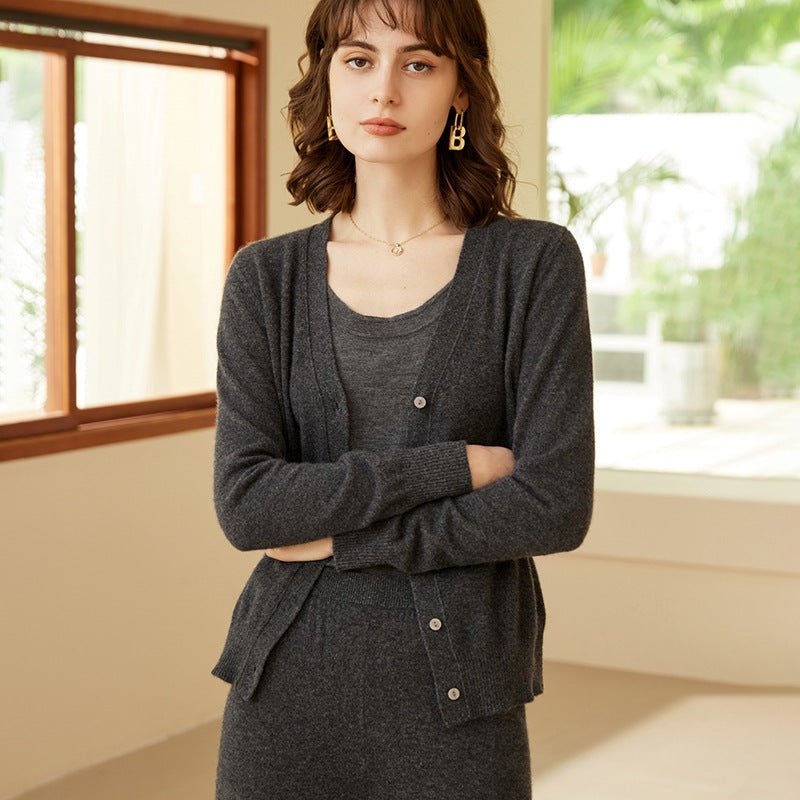Womens V - Neck Button - Up Pure Cashmere Cardigan Knitted Cashmere Coat Gray XS
