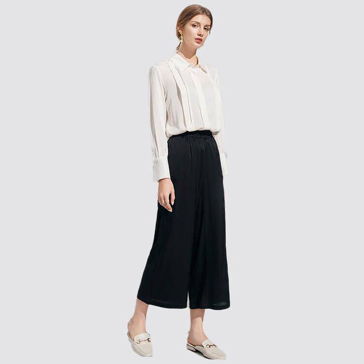 Womens Wide Leg Silk Pants Cropped Pants Casual Work Pants Black XS