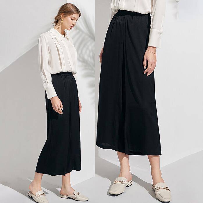 Womens Wide Leg Silk Pants Cropped Pants Casual Work Pants Black XS