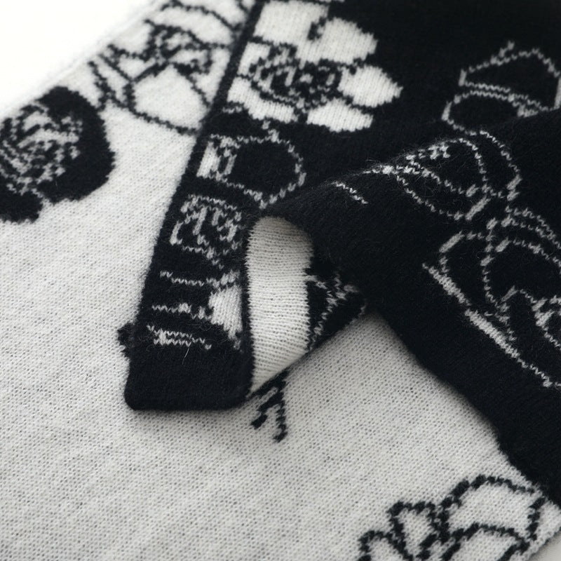 Womens Winter Cashmere Floral Scarf Long Cashmere Knit Wrap Black L