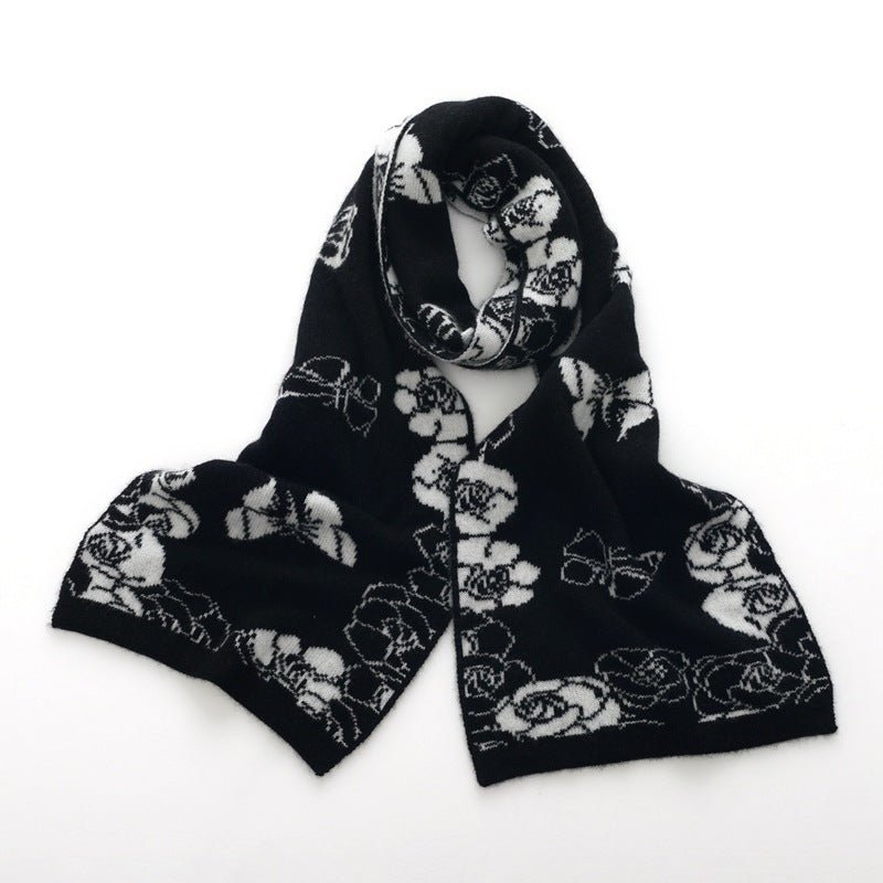 Womens Winter Cashmere Floral Scarf Long Cashmere Knit Wrap Black L