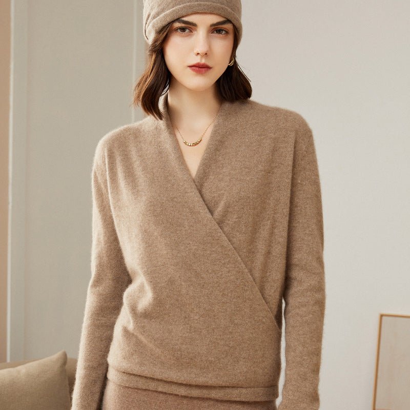 Long Sleeves V - neck Cashmere Wrap Sweater For Women Taupe XS
