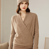 Long Sleeves V - neck Cashmere Wrap Sweater For Women Taupe XS