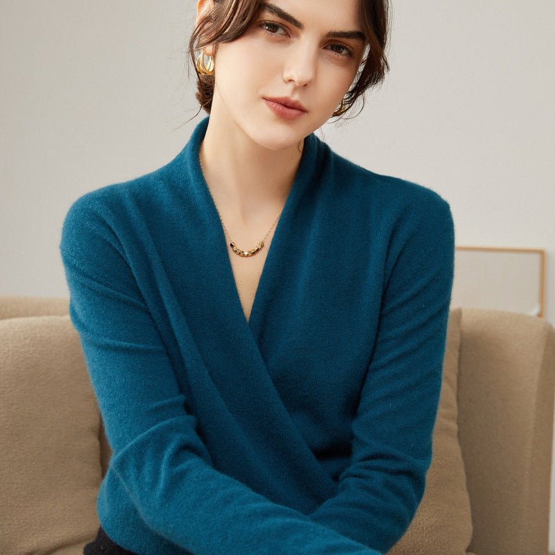 Long Sleeves V - neck Cashmere Wrap Sweater For Women Ocean Blue XS