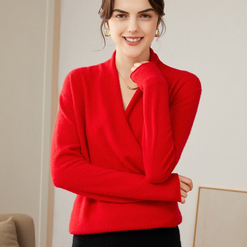 Long Sleeves V - neck Cashmere Wrap Sweater For Women Red XS