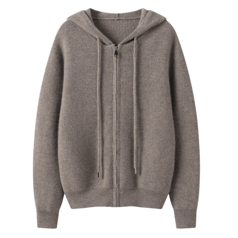 Womens Zip-Up Cashmere Hoodie Long Sleeve Cashmere Knitted Hooded Cardigan Taupe XS