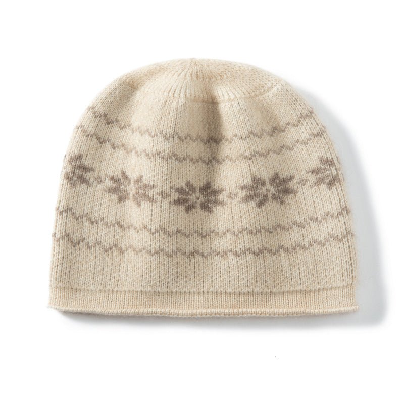 Womens Cashmere Knit Beanie Soft Warm Fair Isle Pattern Double - layered Beige M