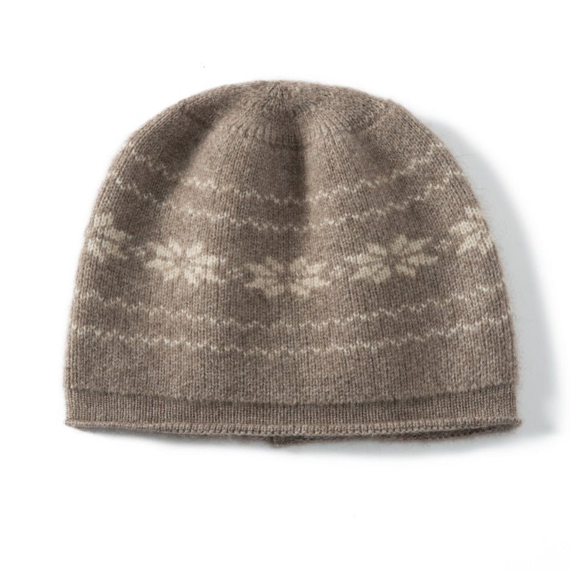 Womens Cashmere Knit Beanie Soft Warm Fair Isle Pattern Double - layered Taupe M