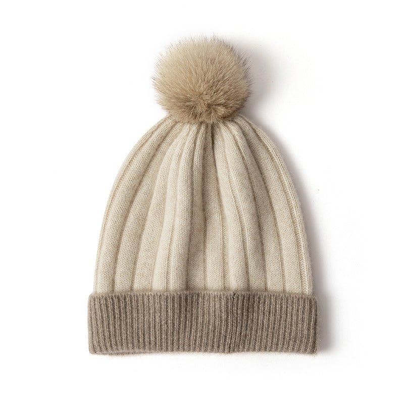 Cashmere Ribbed Knit Beanie with Faux Fur Pom Cashmere Winter Hat Beige M