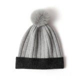 Cashmere Ribbed Knit Beanie with Faux Fur Pom Cashmere Winter Hat Gray M