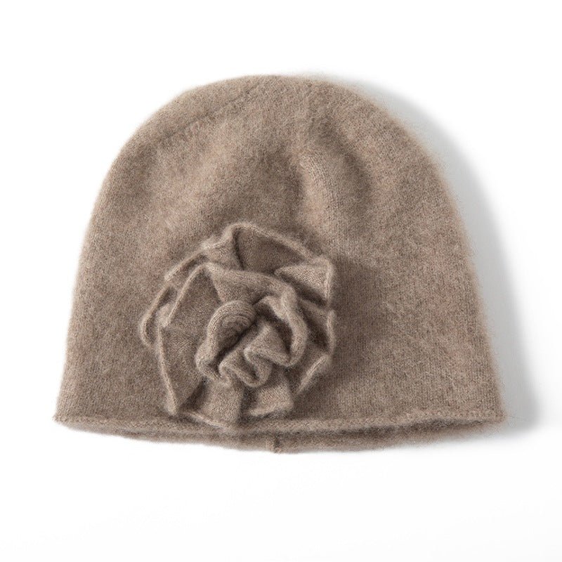 Womens Cashmere Beanie Hat With Handmade Crochet Flower Floral Hats Taupe M