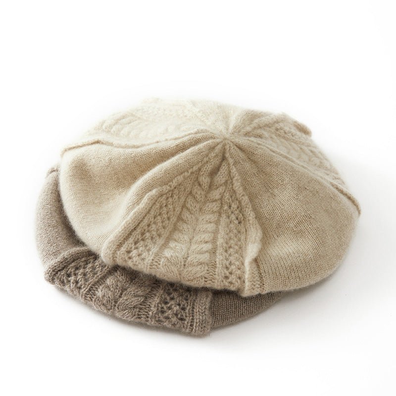 Textured Cashmere Cable Knit Beret Hat Cashmere Beret Hat Beige M