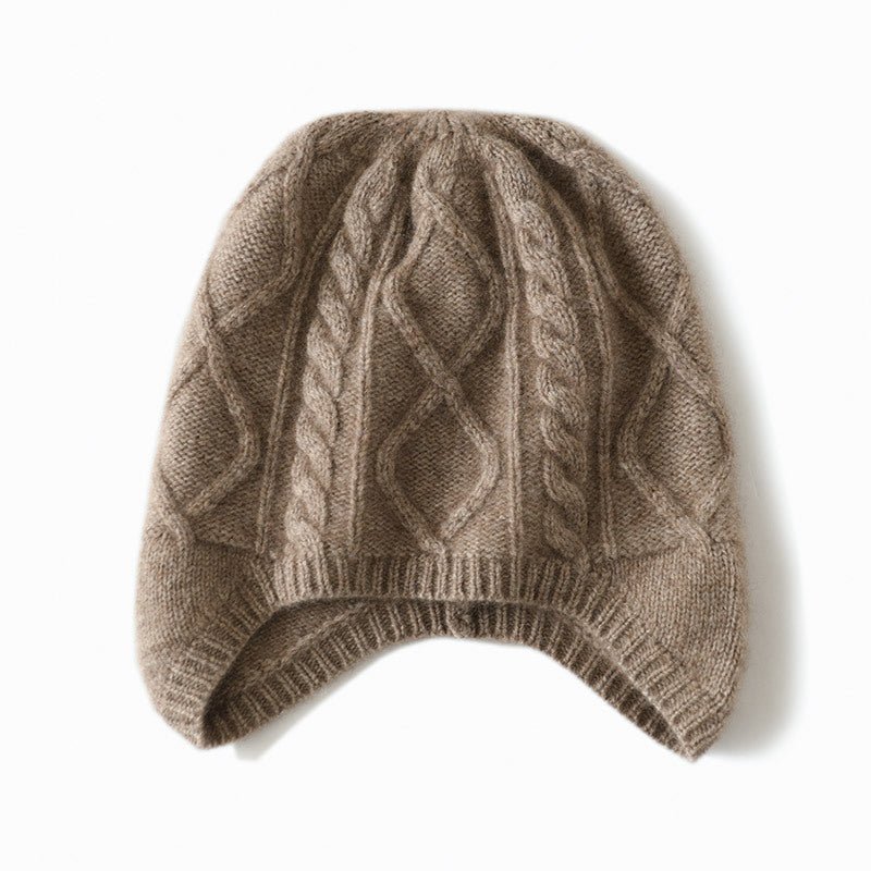 Pure Cashmere Cable Knit Hat with Ear Flaps Beanie Hat Earmuff Taupe M