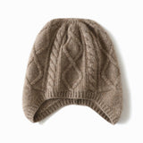 Pure Cashmere Cable Knit Hat with Ear Flaps Beanie Hat Earmuff Taupe M