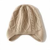Pure Cashmere Cable Knit Hat with Ear Flaps Beanie Hat Earmuff Beige M