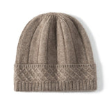 Womens Cable Knit Cashmere Beanie Hat Cashmere Cap Ribbed Cuffs Taupe M