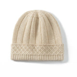 Womens Cable Knit Cashmere Beanie Hat Cashmere Cap Ribbed Cuffs Beige M
