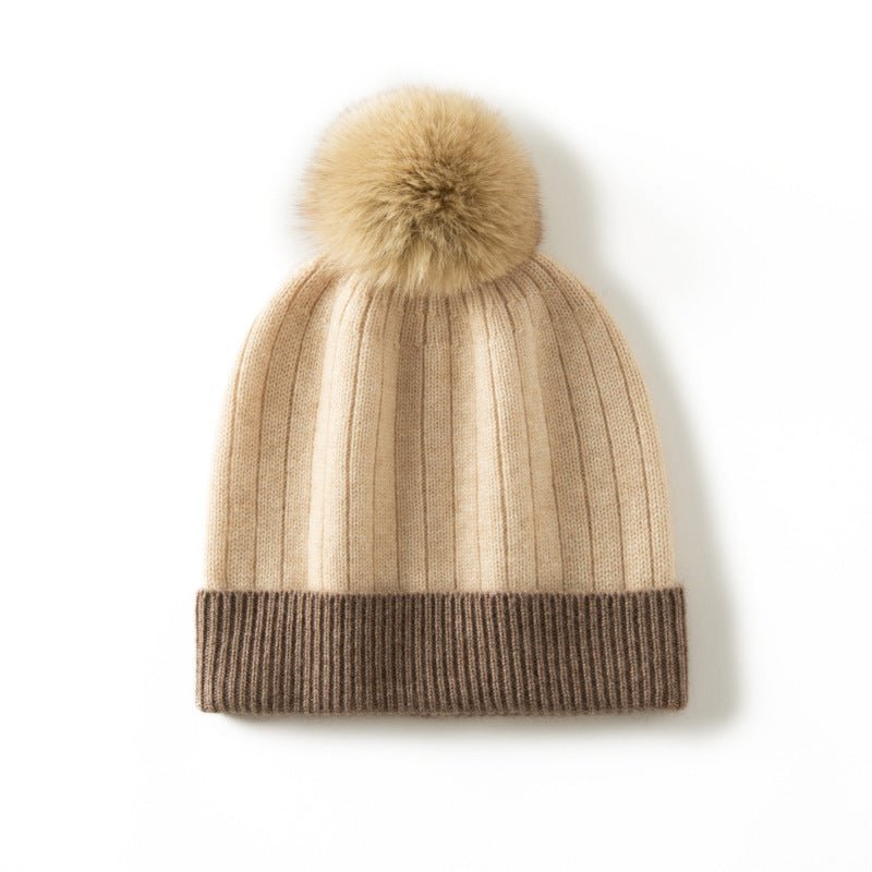 Womens Pure Cashmere Hat with Fur Pom Cashmere Ribbed Knit Winter Hat Beige M