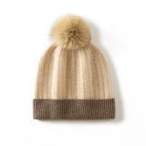 Womens Pure Cashmere Hat with Fur Pom Cashmere Ribbed Knit Winter Hat Beige M