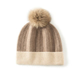 Womens Pure Cashmere Hat with Fur Pom Cashmere Ribbed Knit Winter Hat Taupe M