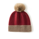 Womens Pure Cashmere Hat with Fur Pom Cashmere Ribbed Knit Winter Hat Claret M