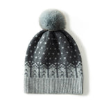 Reindeer Cashmere Beanie With Fur Pom Ribbed Knit Cashmere Hat Gray M