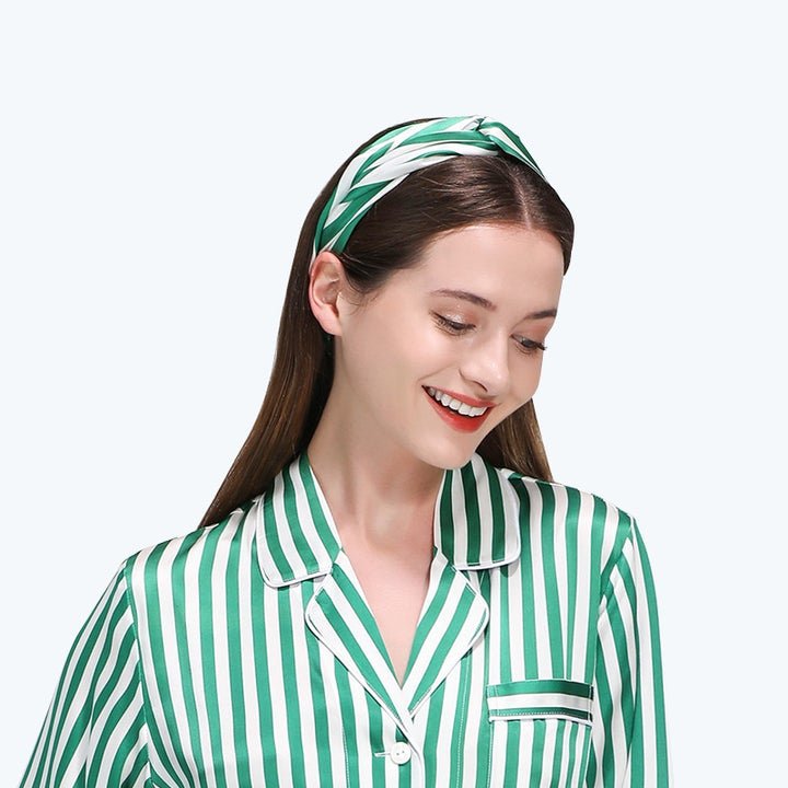 100% Mulberry Stripes Silk Headband For Ladies Green M