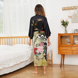 Floral Print Silk Kimono Robes Peony Blossoms Silk Bathrobe Black One size fits most