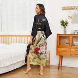 Floral Print Silk Kimono Robes Peony Blossoms Silk Bathrobe Black One size fits most