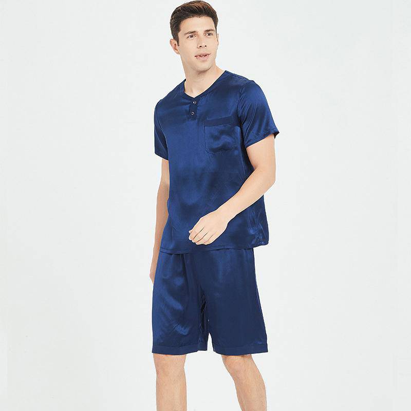 100% Mulberry Mens Short Silk Pajama Set Summer Silk Nightwear Navy Blue S
