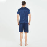 100% Mulberry Mens Short Silk Pajama Set Summer Silk Nightwear Navy Blue S