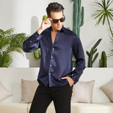 100% Mulberry Men's Silk Shirt Long Pure Silk Dress Shirts Navy Blue XS