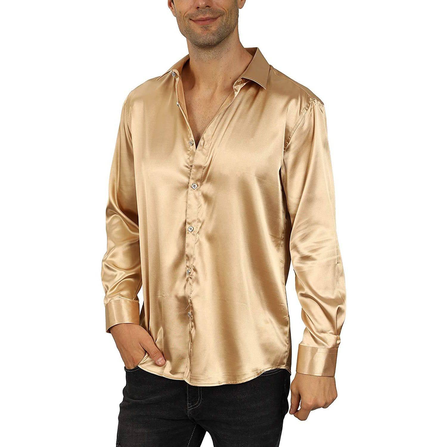 100% Mulberry Men's Silk Shirt Luxury Silk Button Down Shirts Gold XS