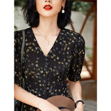 Button Front Silk Floral Print Dress Ladies Summer Chic Silk Dresses XS Black