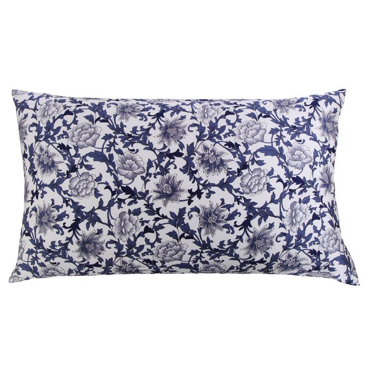 19 Momme Housewife Silk Pillowcase Hidden Zipper Floral Print Silk Pillowcases Navy Blue Standard (20" * 26")