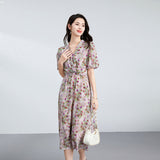 Womens Silk Floral Wrap Midi Dress Puff Sleeve Silk Dress