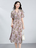 Womens Silk Floral Wrap Midi Dress Puff Sleeve Silk Dress