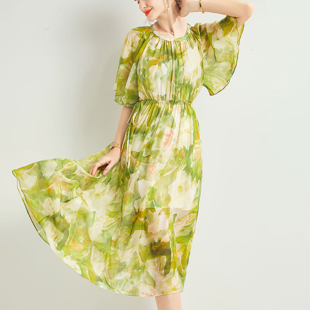 Womens Silk Chiffon Midi Dress Flutter Sleeve Floral Dress