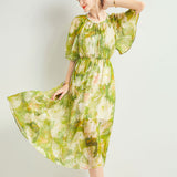 Womens Silk Chiffon Midi Dress Flutter Sleeve Floral Dress