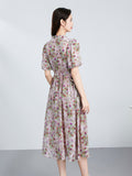 Womens Silk Floral Wrap Midi Dress Puff Sleeve Silk Dress