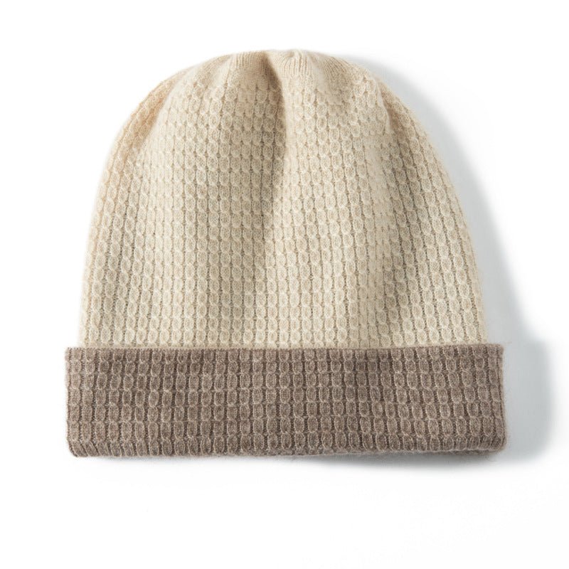 Pure Cashmere Waffle Knit Beanie Hat Double - Layered Winter Hat Beige + Taupe M