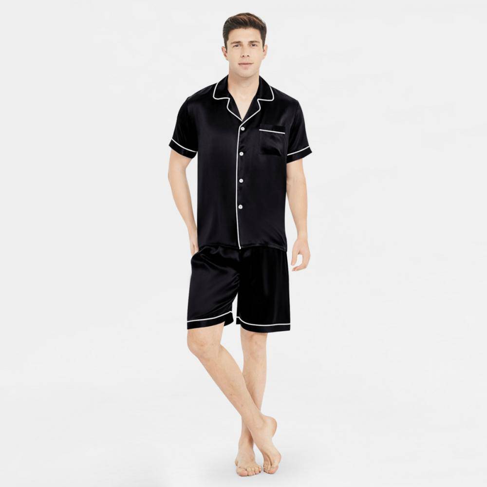 Affordable Men's Short Silk Pajamas Set Basic Men Silk Sleepwear Black XS