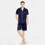 Affordable Men's Short Silk Pajamas Set Basic Men Silk Sleepwear Navy Blue XS